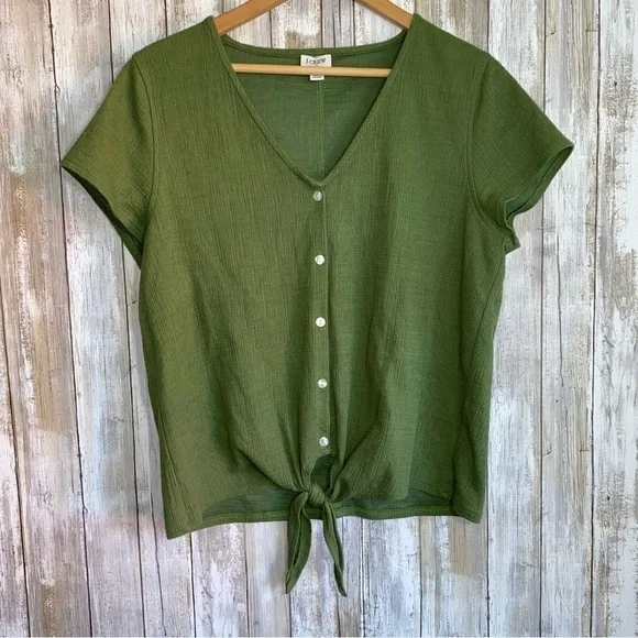J. Crew Green Textured Tie Front Blouse - Picture 2 of 6